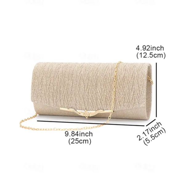 Elegant Gold Glitter Evening Clutch - Women's Party Handbag with Chain Strap and Decorative Metal Accent for Weddings and Formal Events