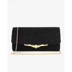Elegant Gold Glitter Evening Clutch - Women's Party Handbag with Chain Strap and Decorative Metal Accent for Weddings and Formal Events