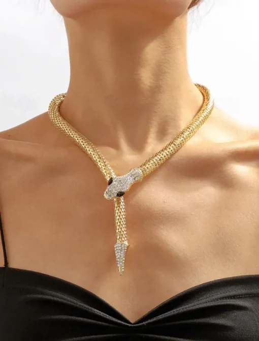 Elegant Gold Snake Necklace for Women – Rhinestone-Encrusted Statement Jewelry with Serpentine Design for Special Occasions and Parties