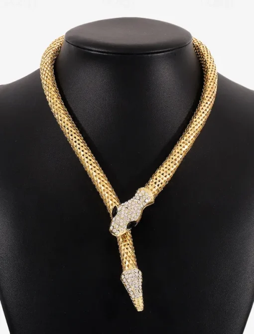 Elegant Gold Snake Necklace for Women – Rhinestone-Encrusted Statement Jewelry with Serpentine Design for Special Occasions and Parties