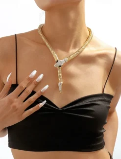 Elegant Gold Snake Necklace for Women – Rhinestone-Encrusted Statement Jewelry with Serpentine Design for Special Occasions and Parties