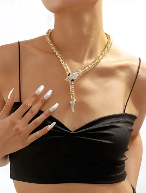 Elegant Gold Snake Necklace for Women – Rhinestone-Encrusted Statement Jewelry with Serpentine Design for Special Occasions and Parties
