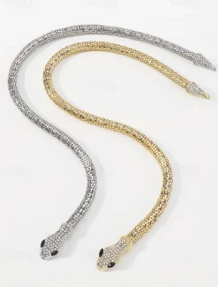 Elegant Gold Snake Necklace for Women – Rhinestone-Encrusted Statement Jewelry with Serpentine Design for Special Occasions and Parties