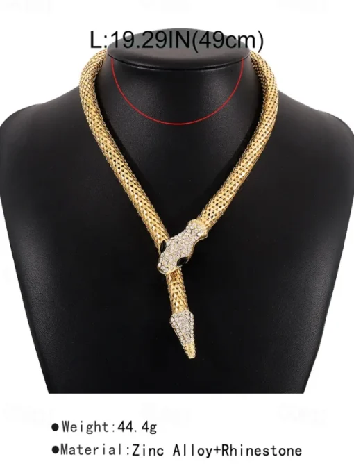 Elegant Gold Snake Necklace for Women – Rhinestone-Encrusted Statement Jewelry with Serpentine Design for Special Occasions and Parties