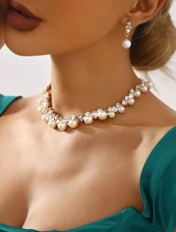 Elegant Pearl and Cubic Zirconia Necklace and Earrings Set with Cubic Zirconia Accents | Perfect for Weddings and Special Occasions