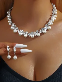 Elegant Pearl and Cubic Zirconia Necklace and Earrings Set with Cubic Zirconia Accents | Perfect for Weddings and Special Occasions