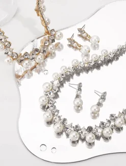 Elegant Pearl and Cubic Zirconia Necklace and Earrings Set with Cubic Zirconia Accents | Perfect for Weddings and Special Occasions