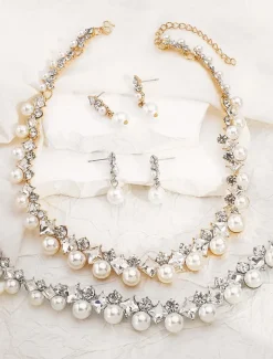 Elegant Pearl and Cubic Zirconia Necklace and Earrings Set with Cubic Zirconia Accents | Perfect for Weddings and Special Occasions