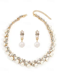 Elegant Pearl and Cubic Zirconia Necklace and Earrings Set with Cubic Zirconia Accents | Perfect for Weddings and Special Occasions
