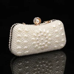 Elegant Pearl Clutch Bag – Luxury White Beaded Evening Purse with Pearl Handle and Crystal Clasp, Perfect for Weddings, Parties, and Formal Events