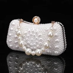 Elegant Pearl Clutch Bag – Luxury White Beaded Evening Purse with Pearl Handle and Crystal Clasp, Perfect for Weddings, Parties, and Formal Events