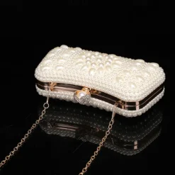 Elegant Pearl Clutch Bag – Luxury White Beaded Evening Purse with Pearl Handle and Crystal Clasp, Perfect for Weddings, Parties, and Formal Events