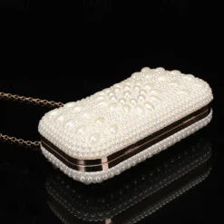 Elegant Pearl Clutch Bag – Luxury White Beaded Evening Purse with Pearl Handle and Crystal Clasp, Perfect for Weddings, Parties, and Formal Events