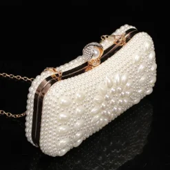 Elegant Pearl Clutch Bag – Luxury White Beaded Evening Purse with Pearl Handle and Crystal Clasp, Perfect for Weddings, Parties, and Formal Events