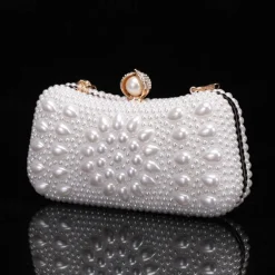 Elegant Pearl Clutch Bag – Luxury White Beaded Evening Purse with Pearl Handle and Crystal Clasp, Perfect for Weddings, Parties, and Formal Events