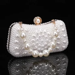 Elegant Pearl Clutch Bag – Luxury White Beaded Evening Purse with Pearl Handle and Crystal Clasp, Perfect for Weddings, Parties, and Formal Events