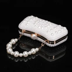 Elegant Pearl Clutch Bag – Luxury White Beaded Evening Purse with Pearl Handle and Crystal Clasp, Perfect for Weddings, Parties, and Formal Events