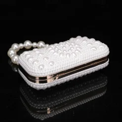 Elegant Pearl Clutch Bag – Luxury White Beaded Evening Purse with Pearl Handle and Crystal Clasp, Perfect for Weddings, Parties, and Formal Events