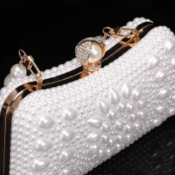 Elegant Pearl Clutch Bag – Luxury White Beaded Evening Purse with Pearl Handle and Crystal Clasp, Perfect for Weddings, Parties, and Formal Events
