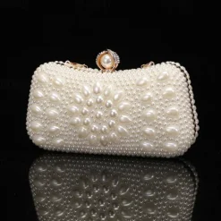 Elegant Pearl Clutch Bag – Luxury White Beaded Evening Purse with Pearl Handle and Crystal Clasp, Perfect for Weddings, Parties, and Formal Events