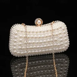 Elegant Pearl Clutch Bag – Luxury White Beaded Evening Purse with Pearl Handle and Crystal Clasp, Perfect for Weddings, Parties, and Formal Events