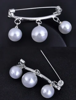 Elegant Pearl Drop Brooch Set with Gold Curved Bar – Triple Pearl Charm Design for Sophisticated and Modern Style