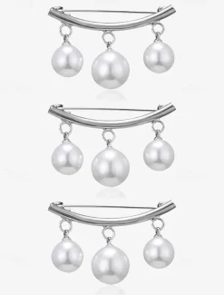 Elegant Pearl Drop Brooch Set with Gold Curved Bar – Triple Pearl Charm Design for Sophisticated and Modern Style