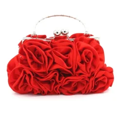 Elegant Red Floral Evening Clutch Bag – Vintage Rose Design with Silver Handle for Weddings, Proms, and Formal Events