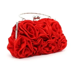 Elegant Red Floral Evening Clutch Bag – Vintage Rose Design with Silver Handle for Weddings, Proms, and Formal Events