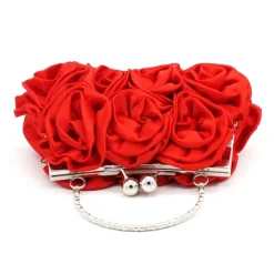 Elegant Red Floral Evening Clutch Bag – Vintage Rose Design with Silver Handle for Weddings, Proms, and Formal Events