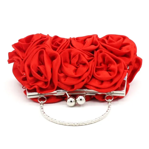 Elegant Red Floral Evening Clutch Bag – Vintage Rose Design with Silver Handle for Weddings, Proms, and Formal Events