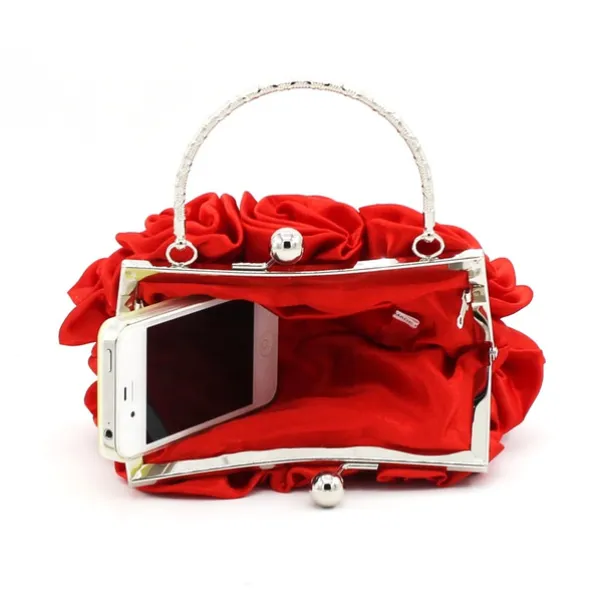 Elegant Red Floral Evening Clutch Bag – Vintage Rose Design with Silver Handle for Weddings, Proms, and Formal Events