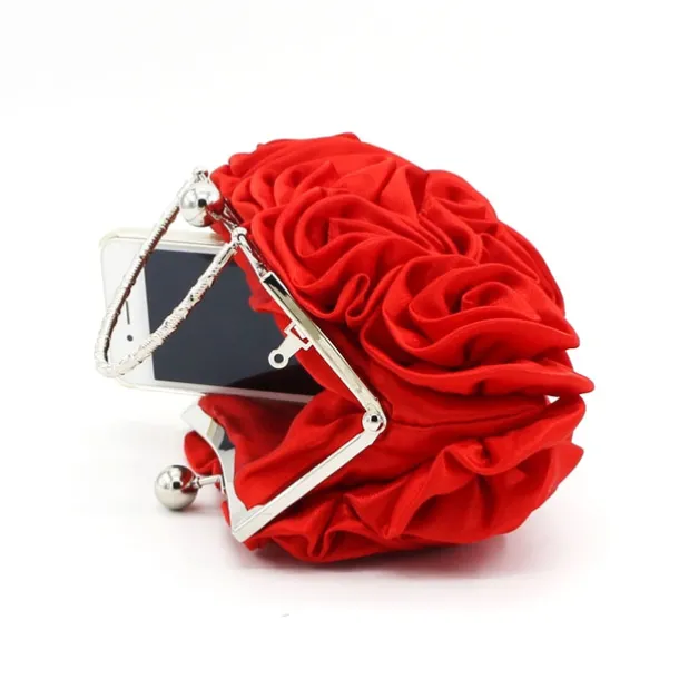 Elegant Red Floral Evening Clutch Bag – Vintage Rose Design with Silver Handle for Weddings, Proms, and Formal Events