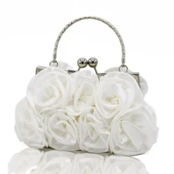 Elegant Red Floral Evening Clutch Bag – Vintage Rose Design with Silver Handle for Weddings, Proms, and Formal Events