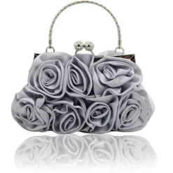 Elegant Red Floral Evening Clutch Bag – Vintage Rose Design with Silver Handle for Weddings, Proms, and Formal Events