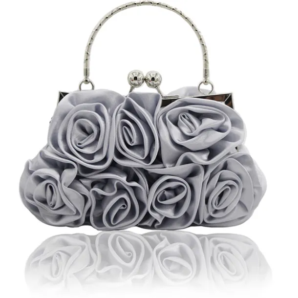 Elegant Red Floral Evening Clutch Bag – Vintage Rose Design with Silver Handle for Weddings, Proms, and Formal Events