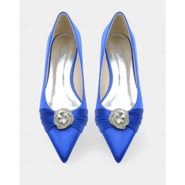 Elegant Satin Blue Wedding Flats for Women with Crystal Accent – Comfortable Low Heel, Pointed Toe Bridal Shoes for Formal Events