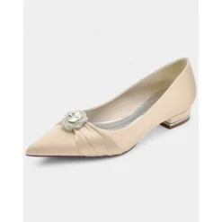 Elegant Satin Blue Wedding Flats for Women with Crystal Accent – Comfortable Low Heel, Pointed Toe Bridal Shoes for Formal Events