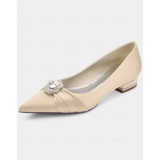 Elegant Satin Blue Wedding Flats for Women with Crystal Accent – Comfortable Low Heel, Pointed Toe Bridal Shoes for Formal Events