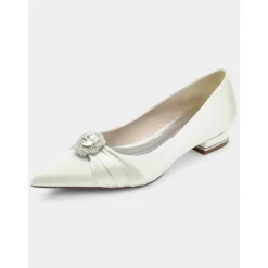 Elegant Satin Blue Wedding Flats for Women with Crystal Accent – Comfortable Low Heel, Pointed Toe Bridal Shoes for Formal Events