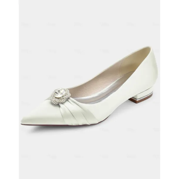 Elegant Satin Blue Wedding Flats for Women with Crystal Accent – Comfortable Low Heel, Pointed Toe Bridal Shoes for Formal Events