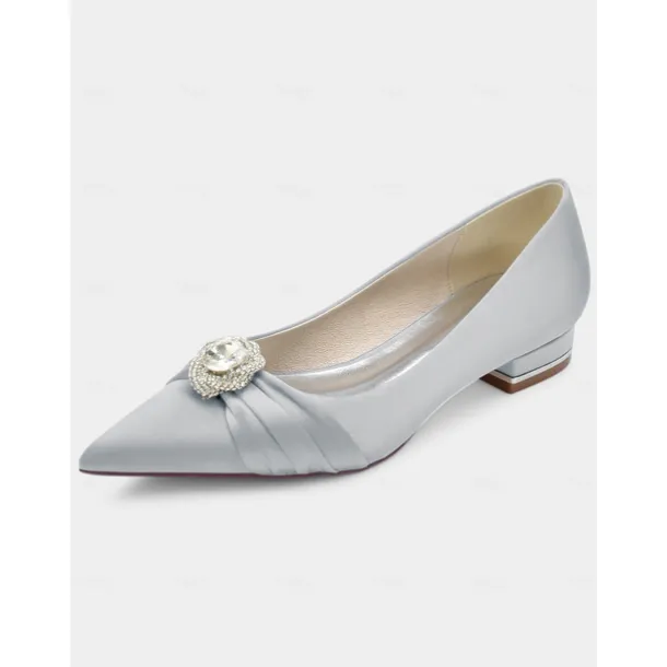 Elegant Satin Blue Wedding Flats for Women with Crystal Accent – Comfortable Low Heel, Pointed Toe Bridal Shoes for Formal Events