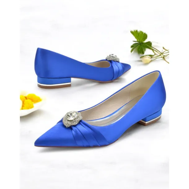 Elegant Satin Blue Wedding Flats for Women with Crystal Accent – Comfortable Low Heel, Pointed Toe Bridal Shoes for Formal Events