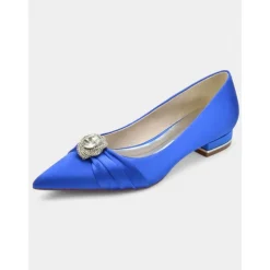 Elegant Satin Blue Wedding Flats for Women with Crystal Accent – Comfortable Low Heel, Pointed Toe Bridal Shoes for Formal Events