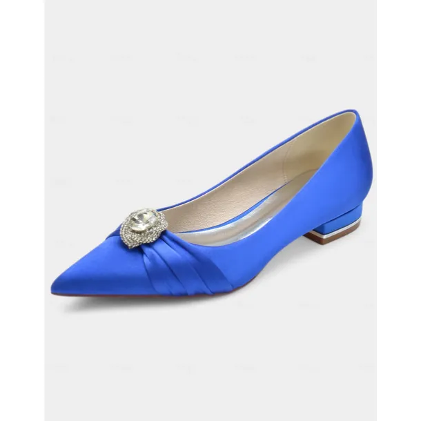 Elegant Satin Blue Wedding Flats for Women with Crystal Accent – Comfortable Low Heel, Pointed Toe Bridal Shoes for Formal Events