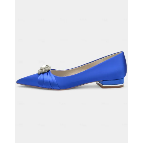Elegant Satin Blue Wedding Flats for Women with Crystal Accent – Comfortable Low Heel, Pointed Toe Bridal Shoes for Formal Events