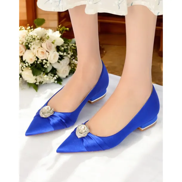 Elegant Satin Blue Wedding Flats for Women with Crystal Accent – Comfortable Low Heel, Pointed Toe Bridal Shoes for Formal Events