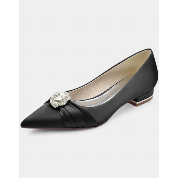 Elegant Satin Blue Wedding Flats for Women with Crystal Accent – Comfortable Low Heel, Pointed Toe Bridal Shoes for Formal Events