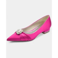 Elegant Satin Blue Wedding Flats for Women with Crystal Accent – Comfortable Low Heel, Pointed Toe Bridal Shoes for Formal Events