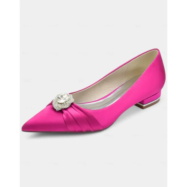 Elegant Satin Blue Wedding Flats for Women with Crystal Accent – Comfortable Low Heel, Pointed Toe Bridal Shoes for Formal Events
